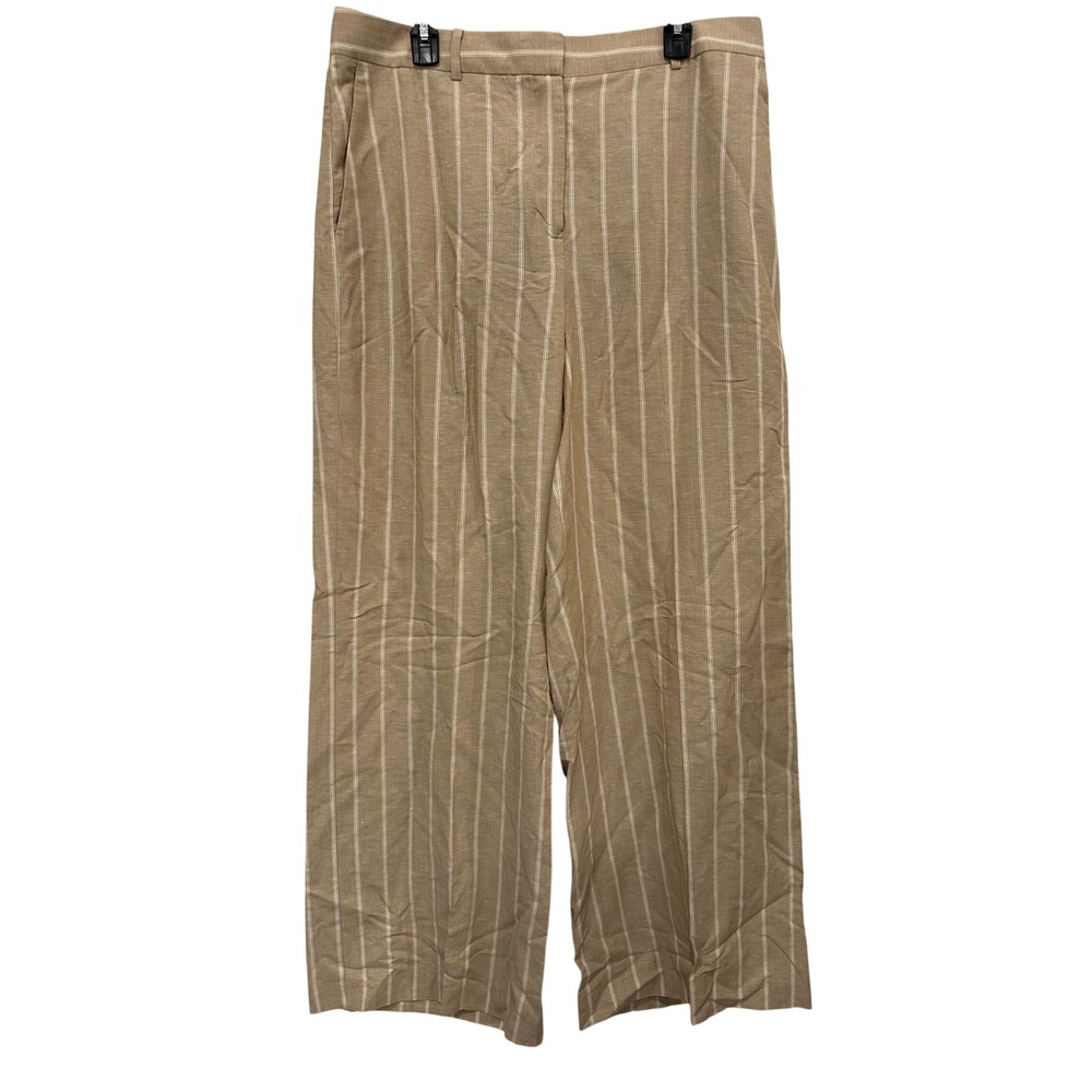 Ann Taylor Womens 14 Curvy Tan White Pinstripe Linen Blend Wide Leg Pants 596
